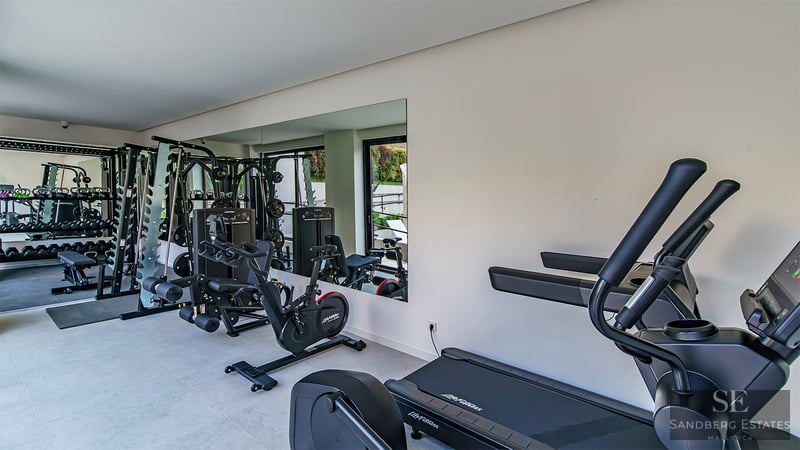 Moderner Fitnessraum mit Laufbändern, Heimtrainer und Kraftgeräten vor einem großen Spiegel.