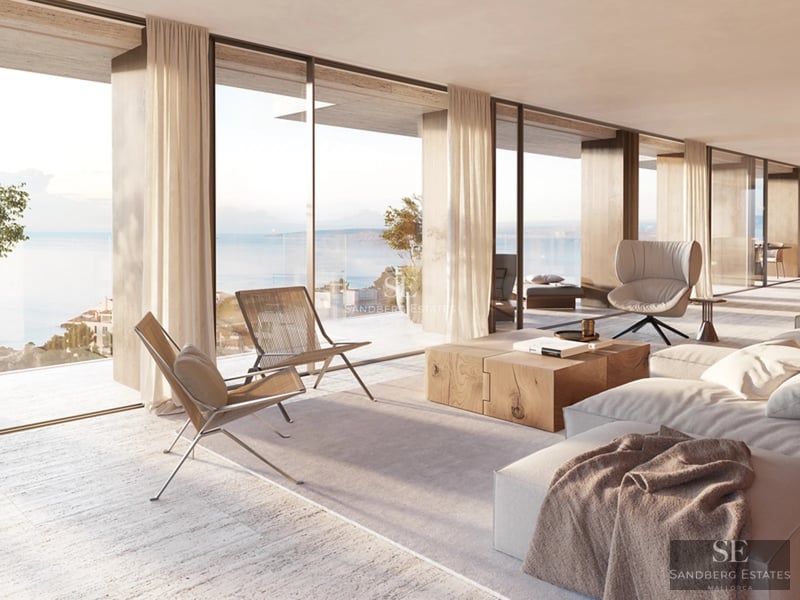 Exterior view of a modern house with a pool, garden, and large windows reflecting natural light. Minimalist architecture.