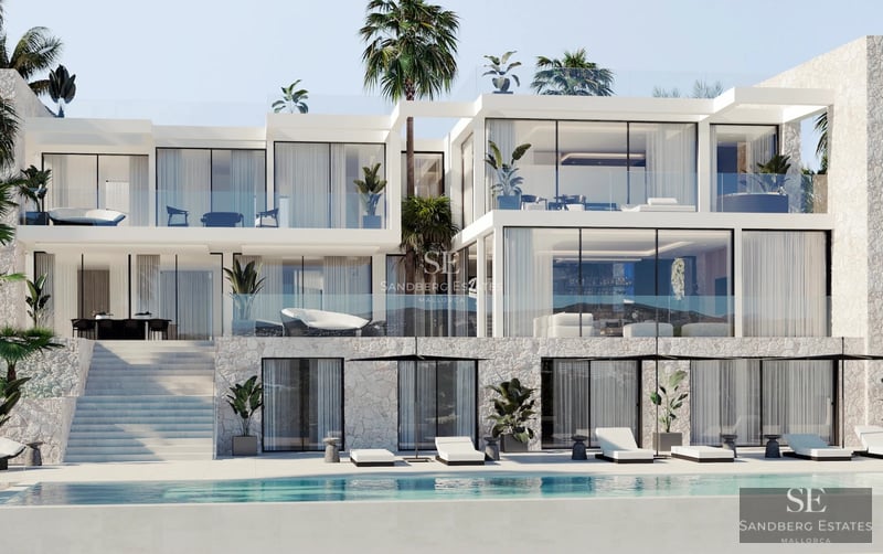 View of infinity pool, sun loungers, and modern house in the background. Sleek design with abundant natural light and neutral color palette.