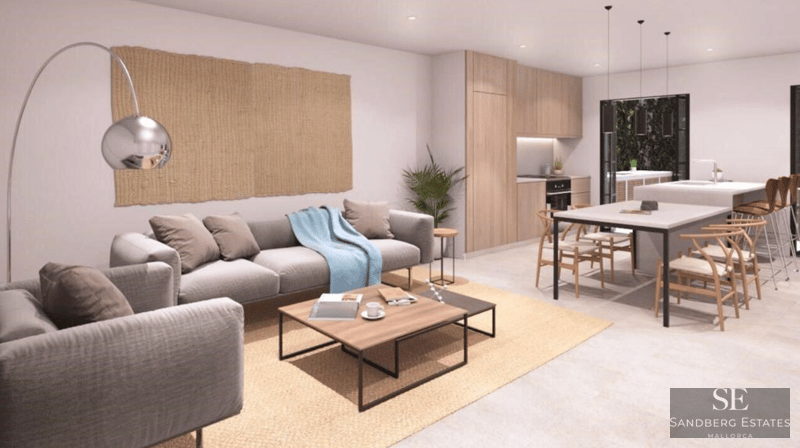 Zeitgemäßes Wohnzimmer mit grauem Sofa, Holzesstisch und integrierter Küche in hellen Tönen.