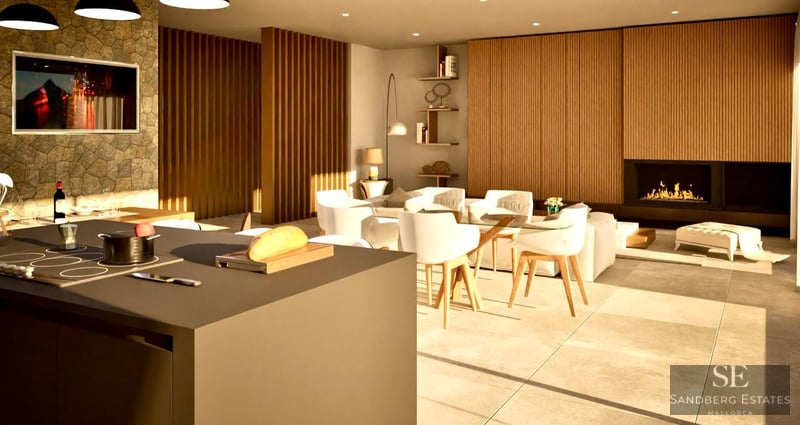 Elegant open-plan living area featuring wood slat walls, a modern fireplace, white furniture, and warm ambient lighting.