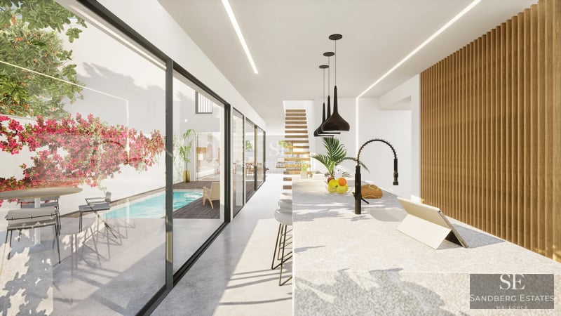 Spacious terrace with infinity pool, sun loungers, and panoramic sea views. Modern, elegant design with high-end outdoor furniture.