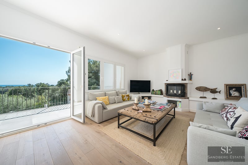 Salon spacieux avec canapés, table basse en bois rustique, cheminée et balcon offrant une vue sur les arbres et la mer.