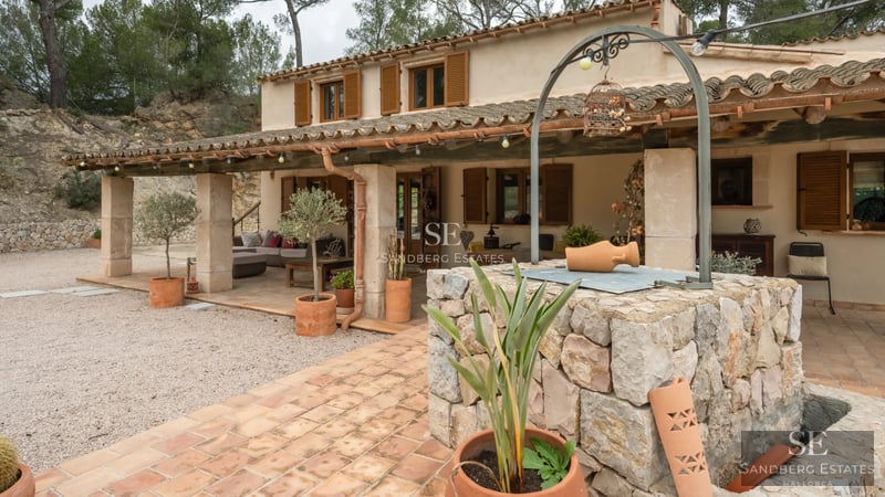 Exterior view of modern villa with infinity pool, lush garden and minimalist architectural design. Stone details and large windows.
