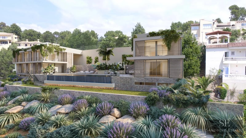 Spacious living room with panoramic windows, light wood flooring and minimalist design. Modular sofa and decorative details. City views.