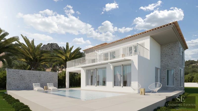 Spacious terrace with pool, modern furniture, panoramic views, elegant awning, and lush greenery. Minimalist architectural design.