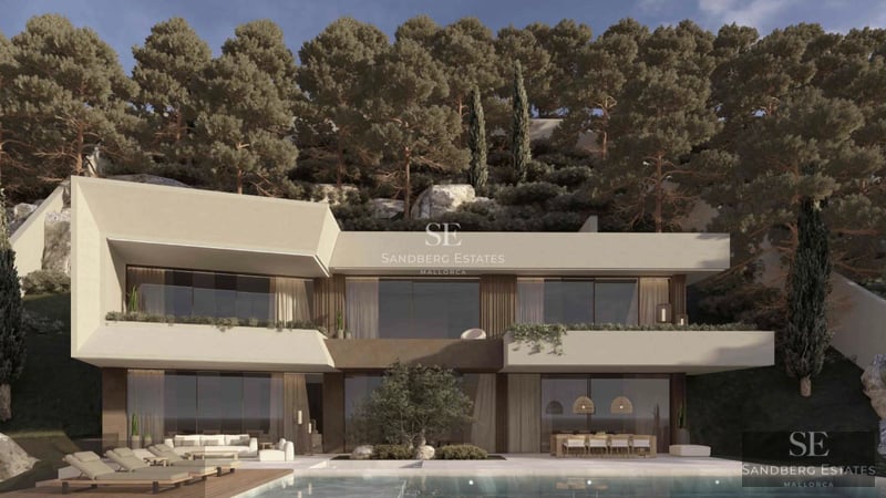 Exterior view of a luxury villa featuring an infinity pool, lush garden, and panoramic sea views. Modern and elegant architecture.