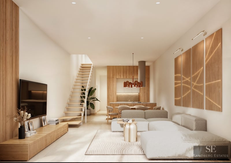 Modern living room with a large modular sofa, light wood staircase, and slatted wood wall panels in a bright interior.