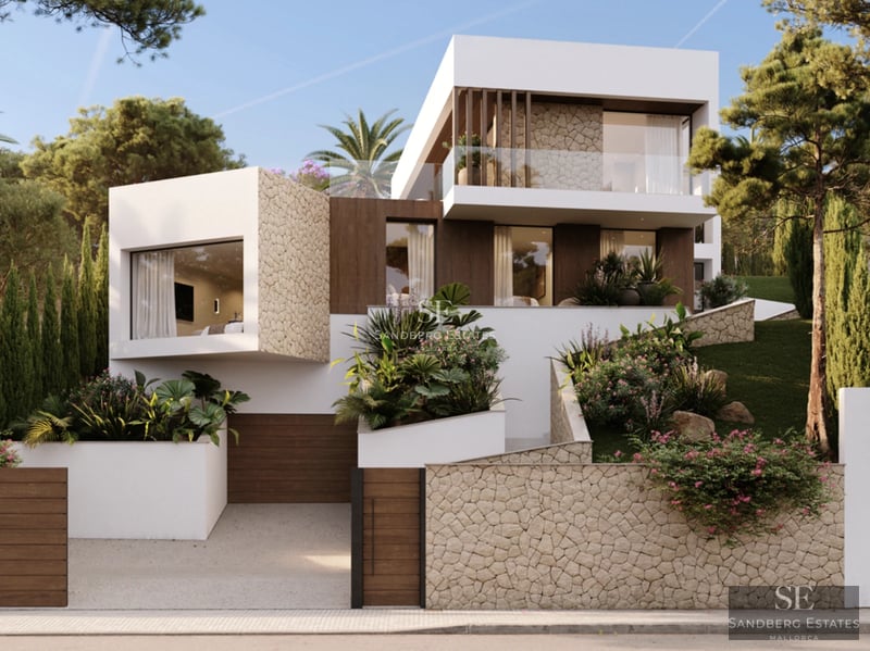 Spacious living room with large windows, sea view, modern furniture and a neutral color palette. Leather sofa, soft rug and natural light.