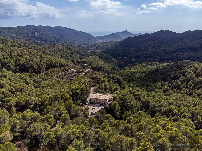 Aerial view of a private villa surrounded by dense green forest in a mountainous valley with a distant sea view.