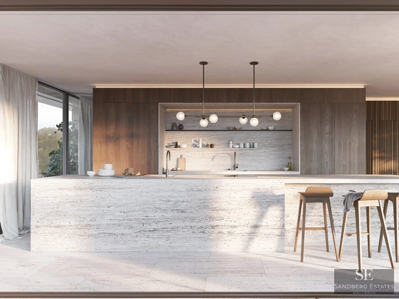 Exterior view of a modern villa with pool, terrace, and large windows. Minimalist architecture and lush gardens.