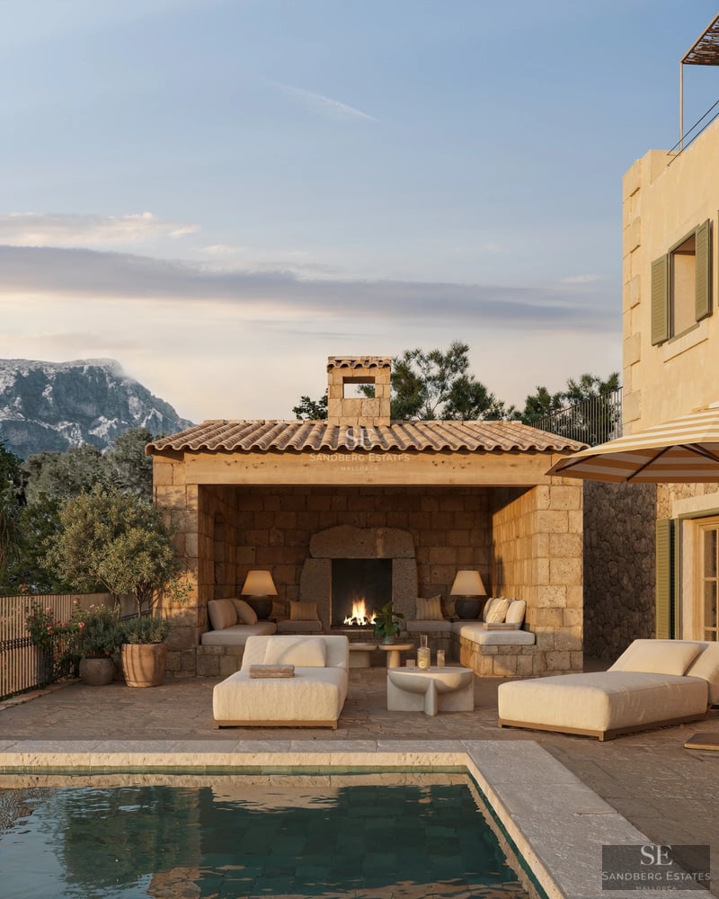 View of a modern villa with a pool. Minimalist design, large windows, natural light, and lush vegetation.