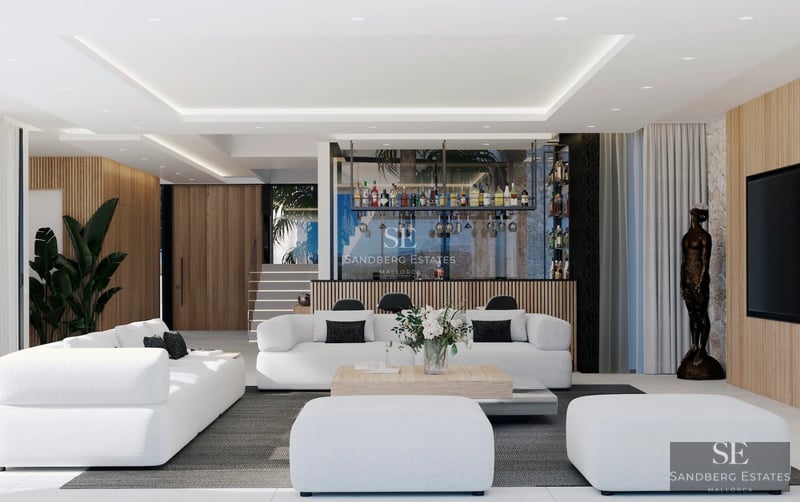 View of an elegant swimming pool surrounded by a lush garden. Modern architecture with large windows and luxury finishes.