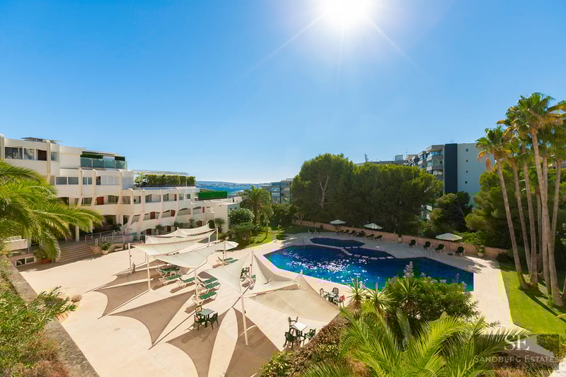 Large blue swimming pool surrounded by beige terrace, white sun sails, palm trees, and resort buildings under a bright sun.