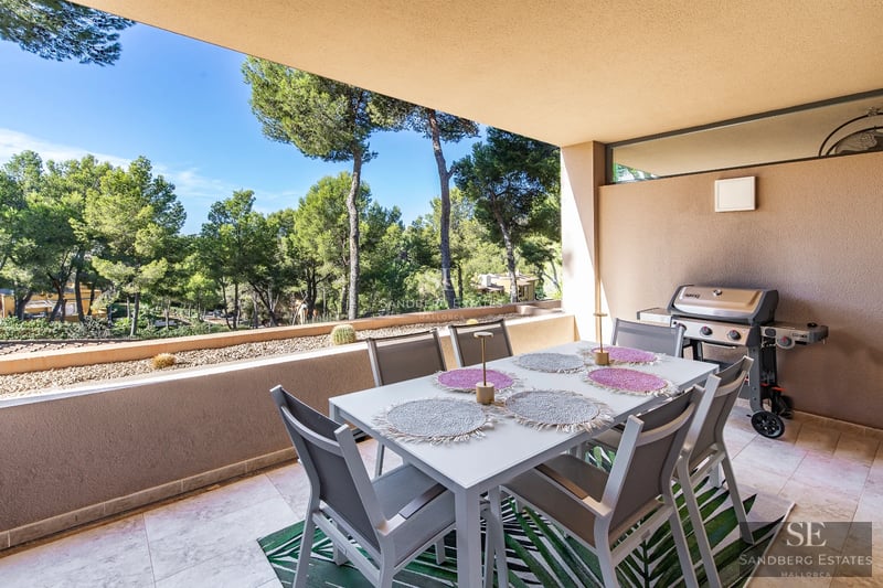 Vista panorámica de una lujosa propiedad con piscina, jardines exuberantes y diseño moderno. Amplias ventanas iluminan el interior.