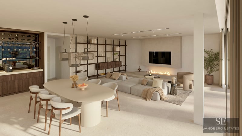 Modern open-plan living room with large dining table, modular sofa, minimalist fireplace, and designer lighting.