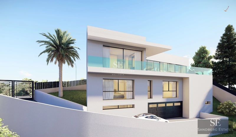 Large reflecting infinity pool surrounded by manicured lawn and minimalist modern architecture. Sun deck area with sun loungers.