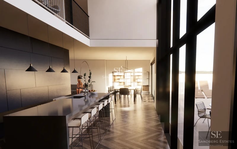 Exterior of a modern villa with infinity pool. Minimalist architecture, large windows, and lush vegetation. Sophisticated design.