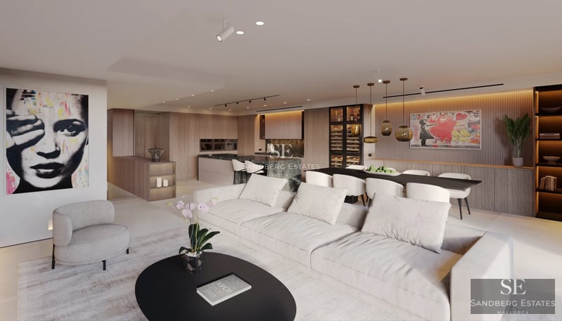 Modern interiör med naturligt ljus: ljust trägolv, vita väggar, grå soffa, stort fönster, soffbord och minimalistisk inredning.