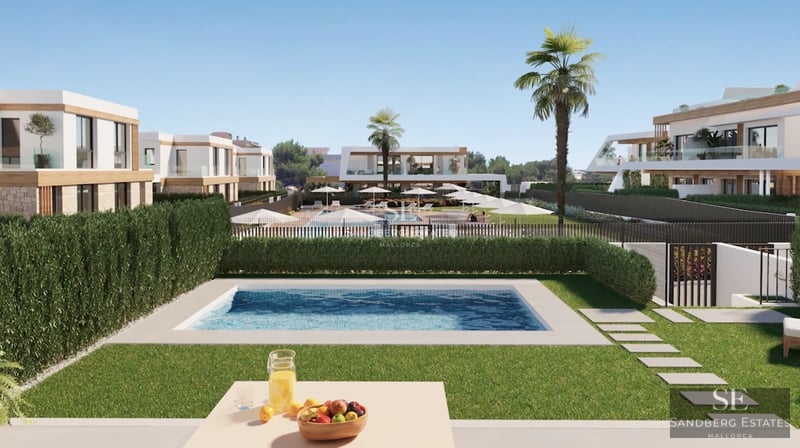 Exterior view of a modern house with infinity pool, manicured garden, and minimalist architecture. Elegant and luxurious design.