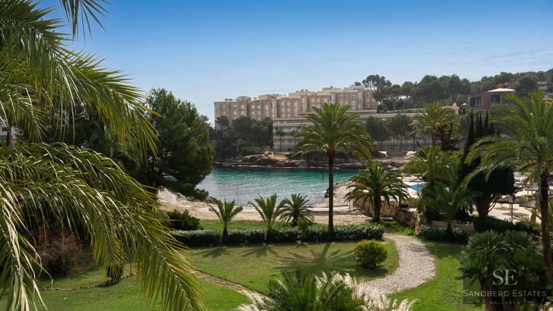 Lush garden with stone path and palm trees overlooking a turquoise sea cove and coastal buildings under a clear blue sky.