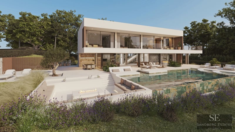 Modern white villa featuring a green stone infinity pool, sunken fire pit seating, and lush landscaping.