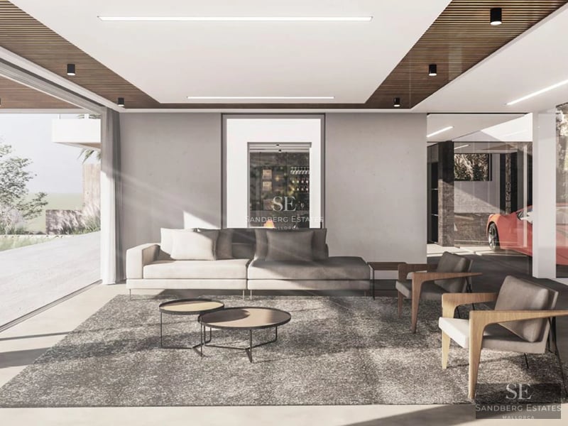 Exterior view of a modern villa featuring a pool, lush garden, and spacious terraces. Minimalist architecture and abundant natural light.