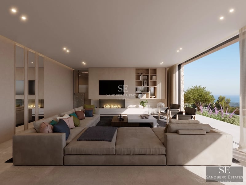 Exterior view of a modern villa with infinity pool. Large windows, terrace, and minimalist design. Lush garden.