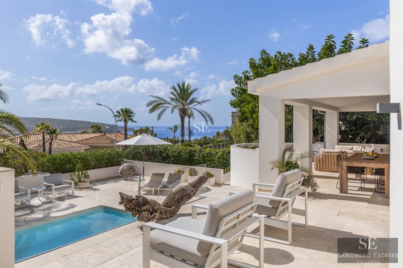 Exterior view of a modern villa with a pool. Minimalist architecture, large windows, terrace, and garden. Contemporary design.