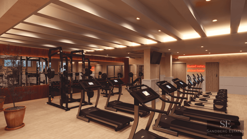 Salle de sport moderne avec tapis de course, poids et éclairage chaleureux avec un panneau néon.