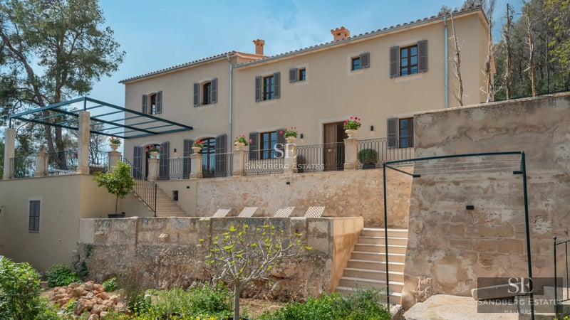 Modern facade view with reflecting pool, lush vegetation, and large window panes.