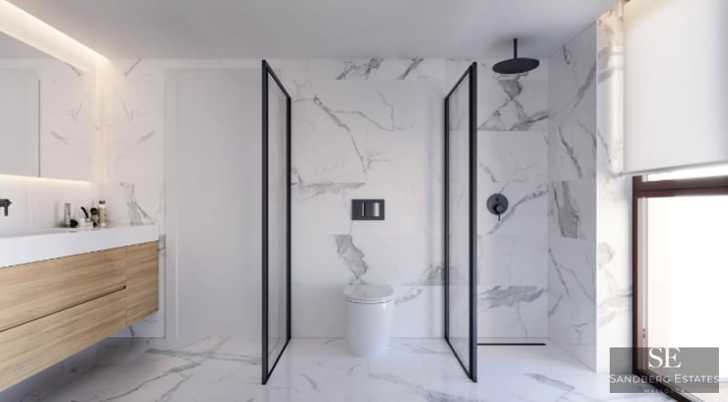 Contemporary bathroom featuring marble walls, a walk-in shower with black frames, and a wooden floating vanity.