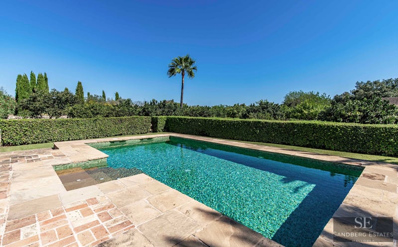 A rectangular turquoise mosaic pool surrounded by stone decking and manicured green hedges under a clear blue sky.