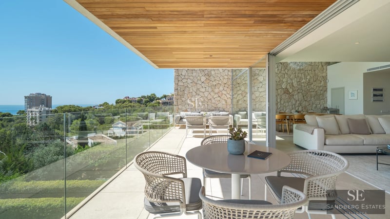 Spacious living room with window walls, designer sofas, and light carpet. Modern pendant lamp illuminates the space. Minimalist and elegant decor.