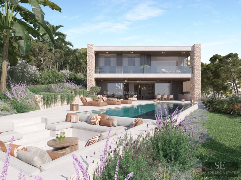 Exterior de villa moderna con piscina infinita, jardín exuberante, amplias terrazas y vistas panorámicas. Arquitectura minimalista y elegante.