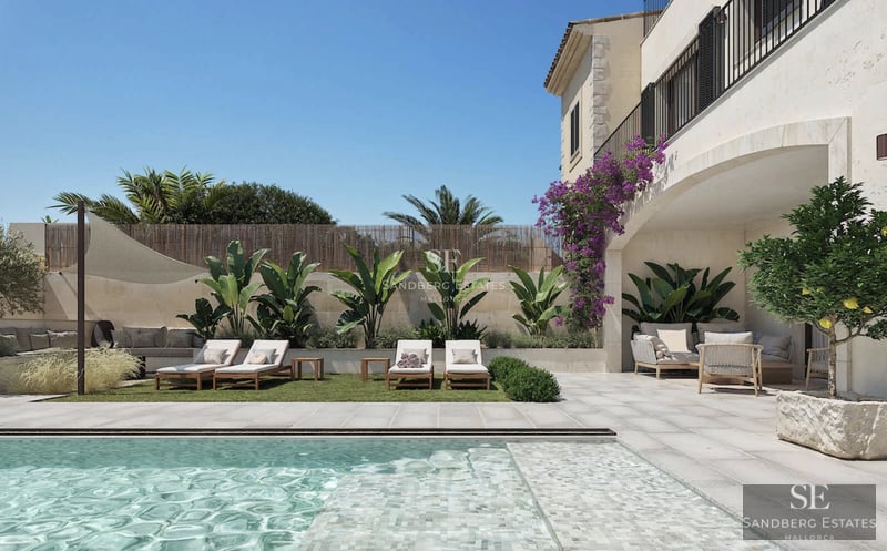 Modern terrace with infinity pool and panoramic sea views. Minimalist design, elegant furniture, and abundant natural light.