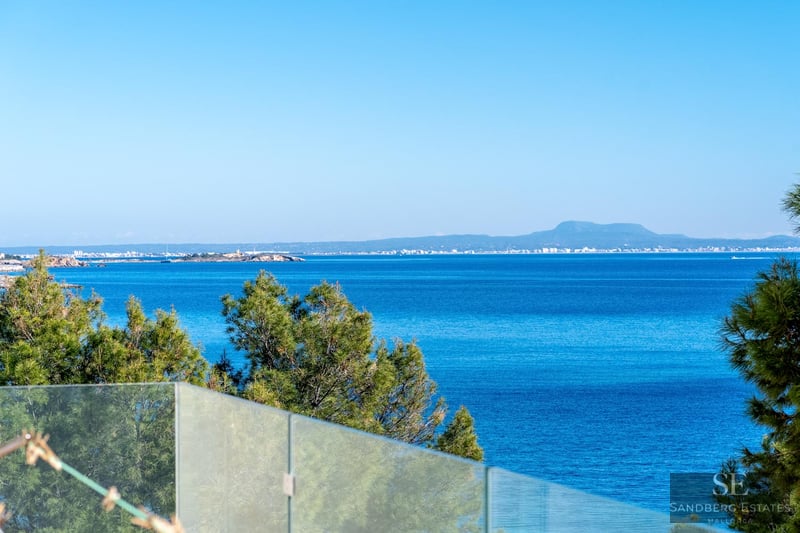 View of the deep blue Mediterranean sea and distant coastline from a terrace with a glass railing and pine trees.