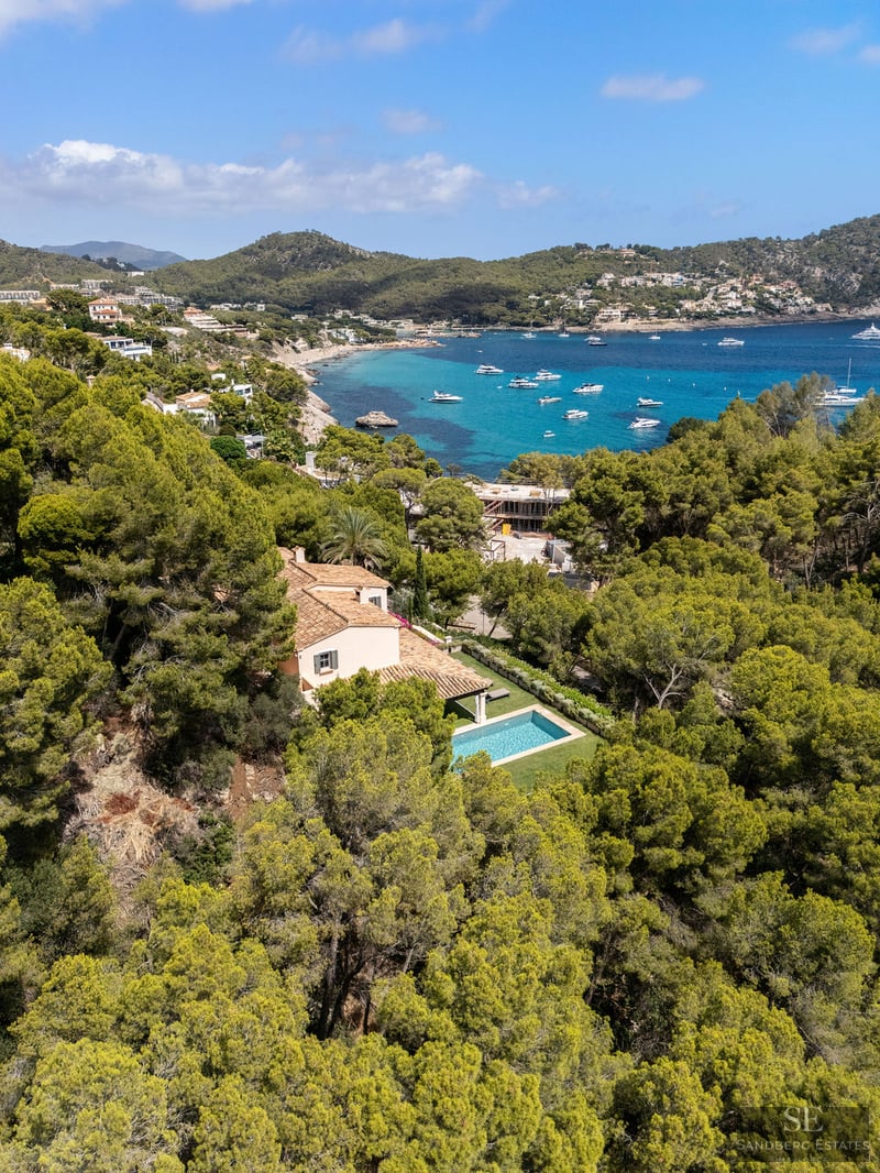 Aerial view of a terracotta-roofed villa with a private pool surrounded by a dense pine forest overlooking a turquoise bay.