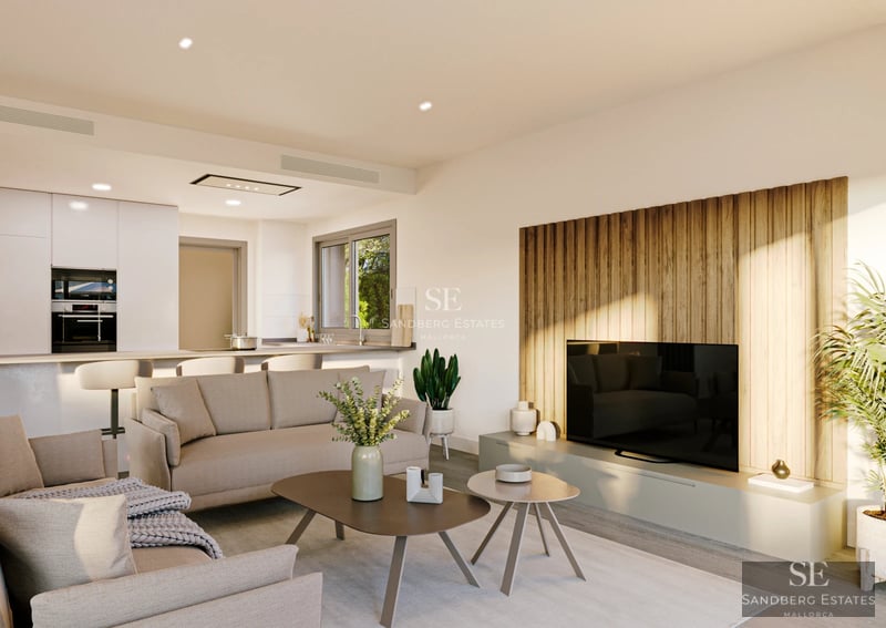 Exterior view of a modern villa. Infinity pool, spacious terraces, minimalist design, luxury finishes, lush garden.