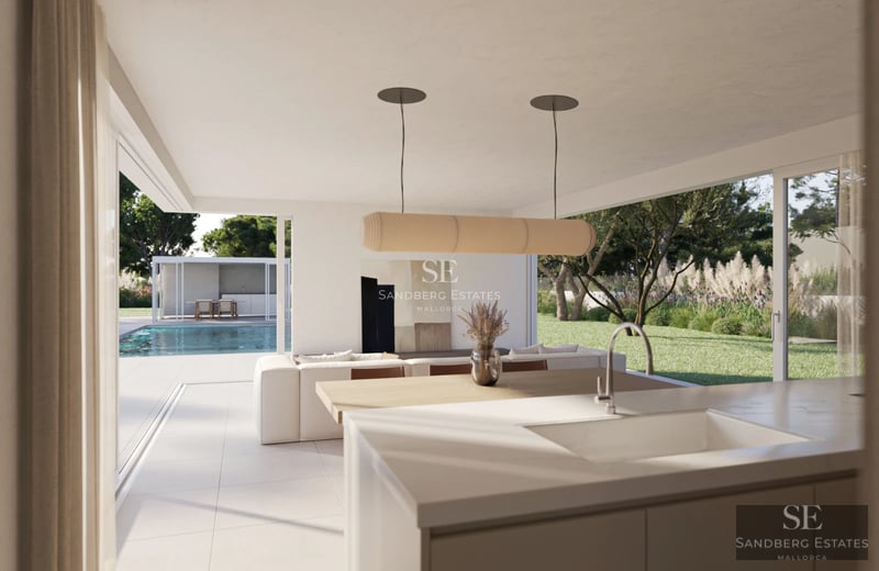 Exterior of modern villa with infinity pool, lush garden, large terraces and minimalist design. Contemporary architecture.