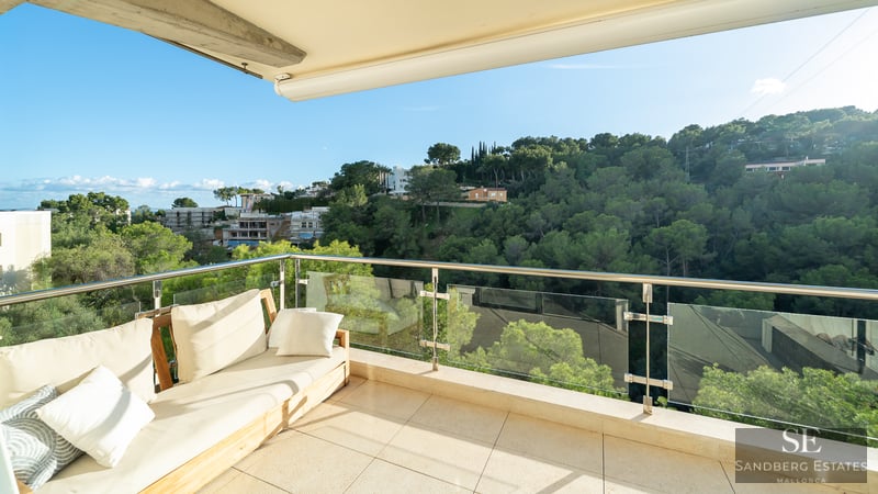 Modern wooden sofa on a sunny terrace with glass railings overlooking a lush green forest.