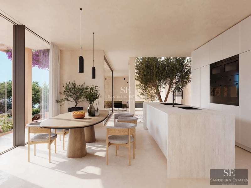 Spacious terrace with infinity pool, sea views, and modern furniture. Minimalist design with wood and natural stone accents.