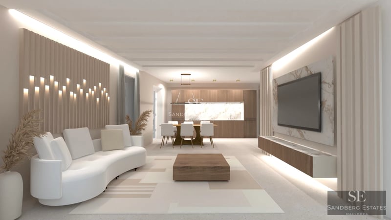 Spacious living room with balcony and view. Floor-to-ceiling windows, modern furniture, neutral color palette, abundant natural light.