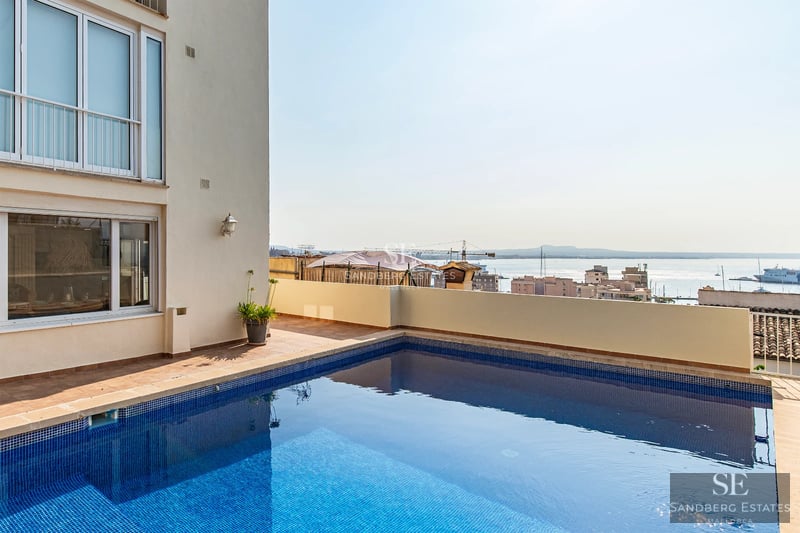 View of infinity pool with curved edge. Green garden, modern white house with large windows. Blue sky reflected in water.