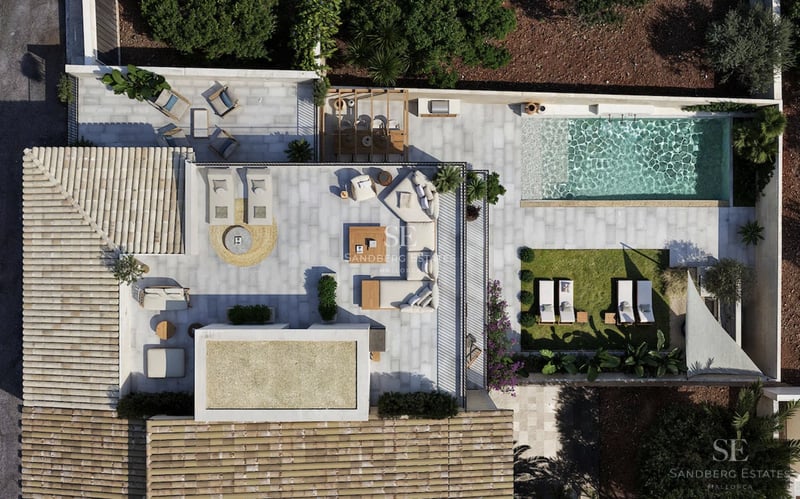 Exterior view of a modern home with a pool and garden. Minimalist architectural design with large windows and ambient lighting.