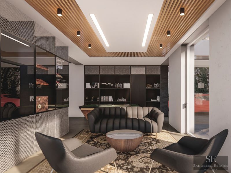 Modern game room featuring a pool table, dark leather sofa, slatted wood ceiling, and glass-walled wine display.