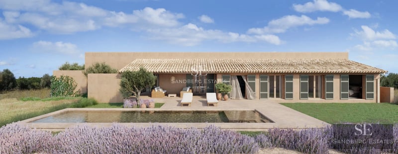 Expansive infinity pool bordered by lawn, and a modern villa with large windows. Warm ambient lighting and sleek architectural details.