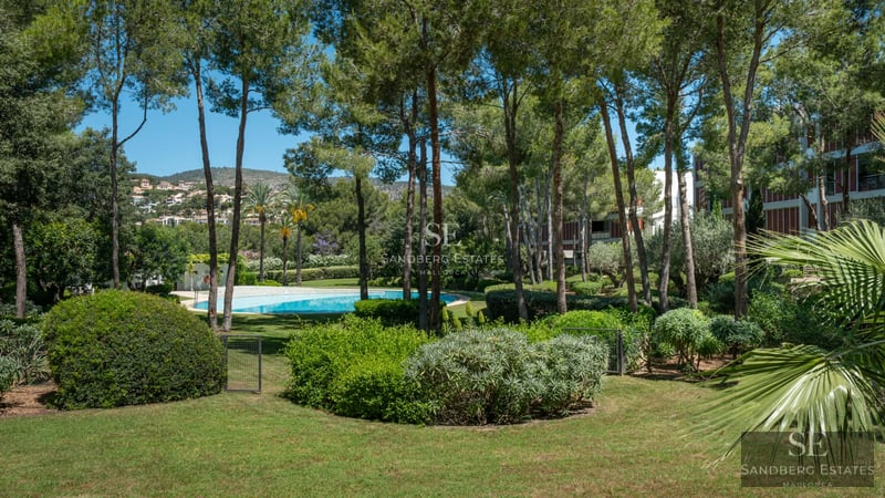 Bright living room featuring large windows, an infinity pool, and modern furniture. Panoramic view. Elegant and minimalist design.