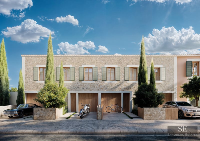 Elegant stone villa facade featuring wooden shutters, tall cypress trees, and luxury vehicles parked in front.