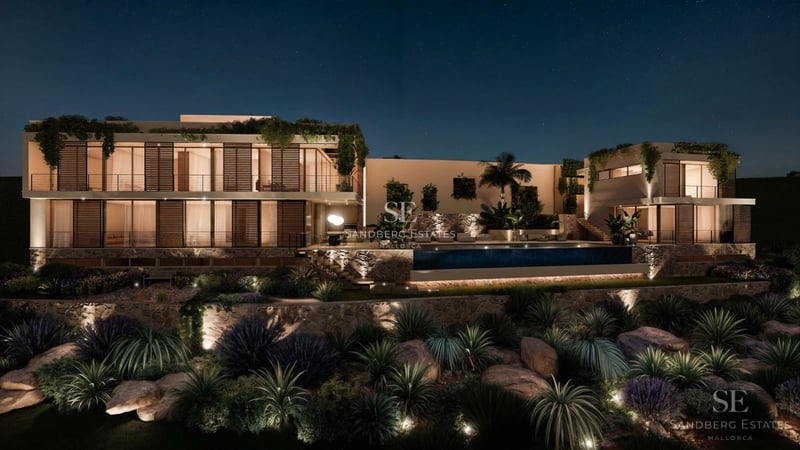 Wide view of a modern villa featuring an infinity pool and sea view. Minimalist design, large windows and sunny terrace.